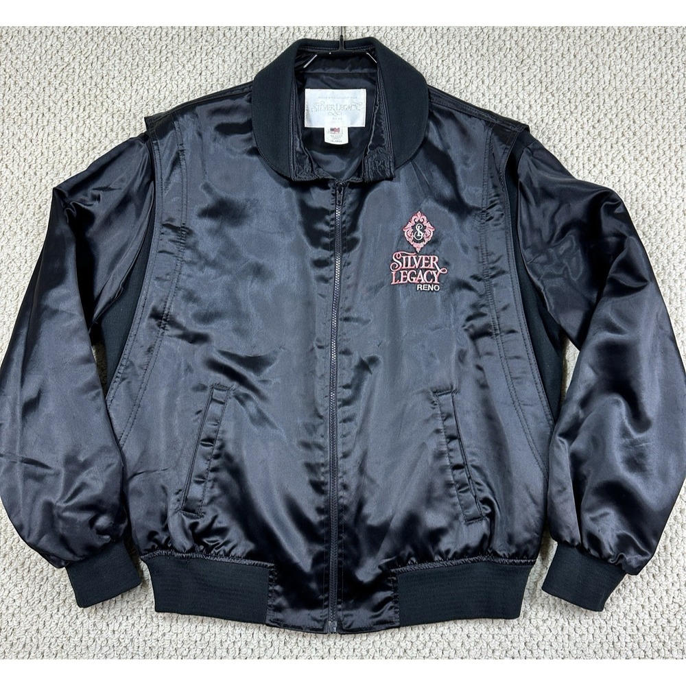 Vtg Jacket Mens 2XL Black Satin Silver Legacy Casino Reno Stretch Sides 90s